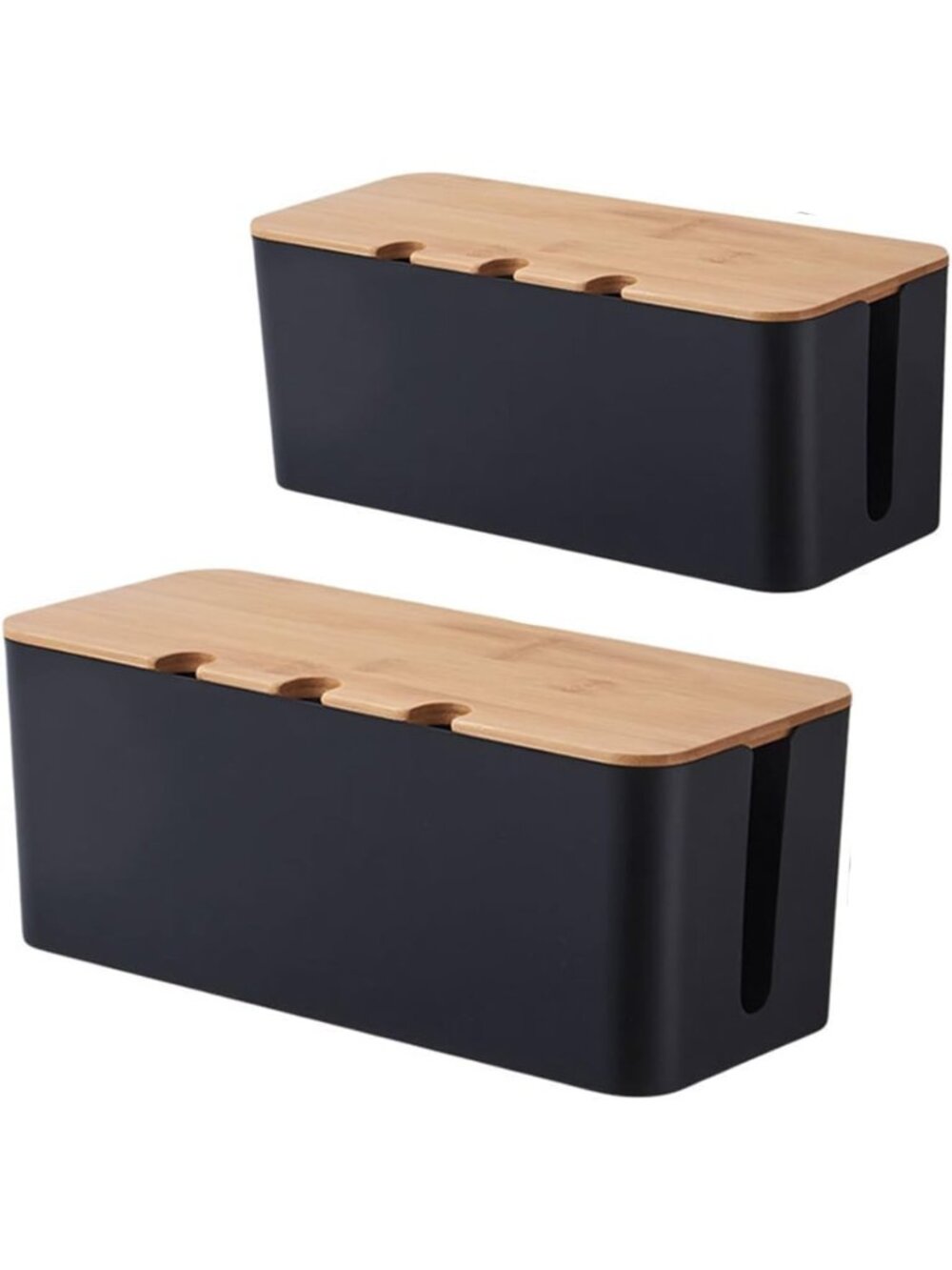 Bamboo Lid Cable Management Box Set - Cord Organizer for Wires & Power Strips